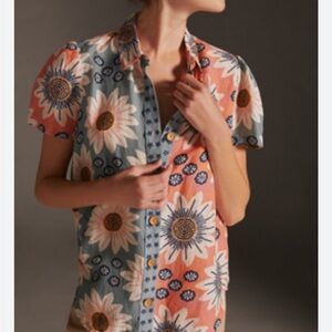 Farm Rio Floral Button-Up Linen Blend Shirt Size: L